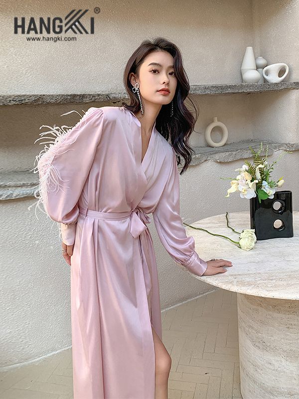 VCHG45 - Choàng ngủ lụa dài tay lông