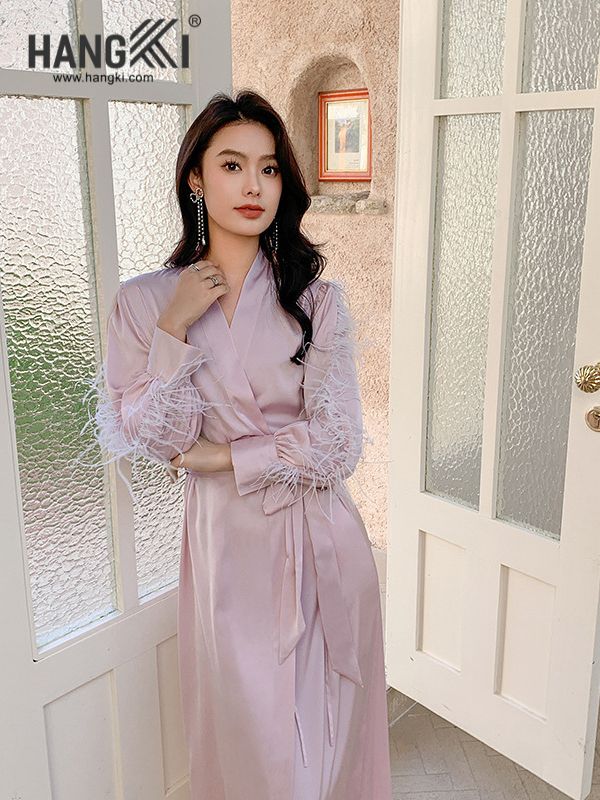 VCHG45 - Choàng ngủ lụa dài tay lông
